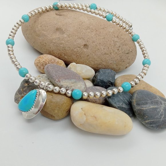 Vintage Sterling Silver Beaded Turquoise Choker - Picture 4 of 16